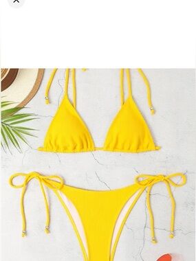 ☀️ Yellow Ribbed Triangle Tie-Side Bikini